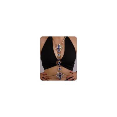 Imagem de Aimimier Corrente corporal Boho Strass sexy no peito colar de cristal cintilante acessórios para o corpo de praia para mulheres (azul e AB colorido)