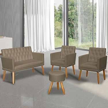 Imagem de Kit Recepção2 Poltronas 1 Namoradeira Capitone + Puff Decorativo para Sala Espera (Tecido Suede, Cappuccino)