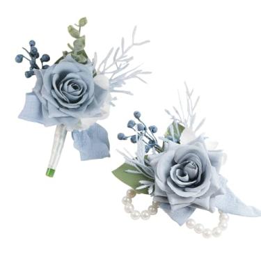 Imagem de Alizeal Conjunto de 2 peças de corpete de pulso e flor na lapela, acessórios de flores artificiais, decoração de terno para casamento, festa de formatura, cerimônia de baile, azul neblina
