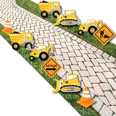 Imagem de Big Dot of Happiness Dig It - Construction Party Zone - Decorações de gramado de cone de trânsito laranja escavadeira Bulldozer caminhão de lixo - Decorações de jardim de chá de bebê ao ar livre ou festa de aniversário - 10 peças