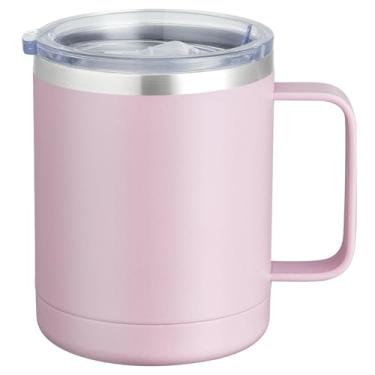Imagem de Caneca de café com alça MEWAY, 350 ml, copo térmico de viagem de aço inoxidável com tampa deslizante, copo com isolamento a vácuo e parede dupla para bebidas quentes e frias (rosa, 1 unidade)