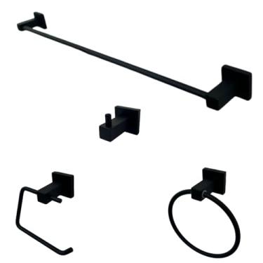 Imagem de Kit de Acessórios para Banheiro Quadrado Inox 4 Peças - Preto Fosco, Estilo Moderno e Durável, Inclui Suporte para Toalha e Papel (Preto Fosco)