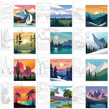 Imagem de Drcowu 12 peças de tela pré-desenhada para pintar, tela pré-impressa com tema de frutas e paisagem de 7,9" x 7,9" para crianças, placas de pintura de contorno de tela pré-esticada para inici