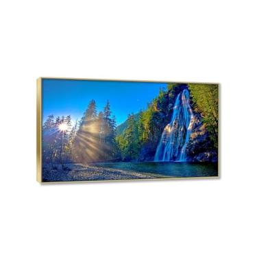 Imagem de Pintura em cascata arte de parede em tela - nascer do sol, árvores, cachoeira, natureza paisagem impressão em tela grande arte pronta para pendurar arte de parede para sala de estar decoração de