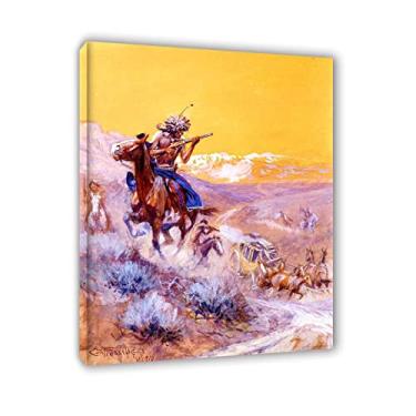 Imagem de "Indian Attack" de Charles Marion RussellImpressão em tela - pinturas famosas - Reproduções de imagens de paisagens em tela arte de parede para decoração de casa 20 x 25 cm (8 x 10 pol) emoldurada