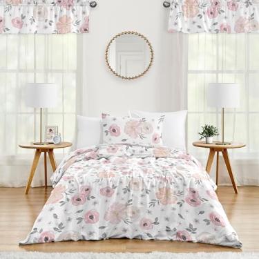 Imagem de Sweet Jojo Designs Conjunto de edredom de 4 peças rosa blush, cinza e branco, chique com aquarela, floral, menina de solteiro, infantil, roupa de cama - flor rosa