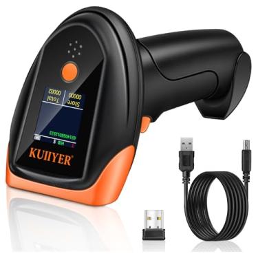 Imagem de KUIIYER Scanner de código de barras Bluetooth, scanner de código de barras sem fio 2D QR 1D com visor digital LCD e voz AI, leitor de código de barras portátil Plug & Play para iPhone, Android, iPad,