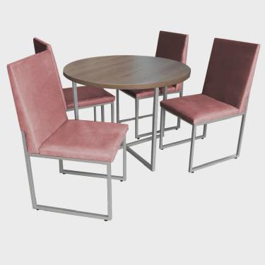 Imagem de Kit Mesa de Jantar Theo com 4 Cadeiras Sttan Ferro Cinza Tampo Imbuia Suede Rose Gold - Ahz Móveis
