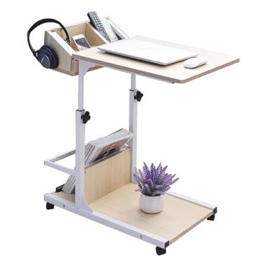 Imagem de Mesa ajustável com rodas | Mesa móvel com rodinhas | Mesa portátil para computador portátil | Mesa lateral de madeira para bandeja de sofá-cama para escritório em casa