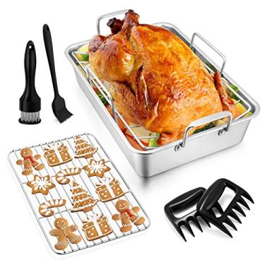 Imagem de Conjunto de assadeiras de 35,5 cm (7 peças), assadeira retangular de peru Joyfair de aço inoxidável com suporte em V e rack de resfriamento para forno, ótima para Ação de Graças, Natal, carne de frango e lasgana