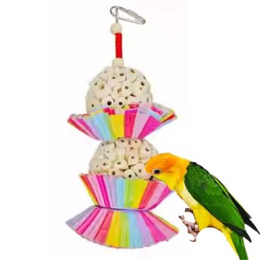 Imagem de Brinquedos de mastigar para pássaros, bolas de sola natural, brinquedo de pássaro de madeira feito à mão, leve, copos de bolo de grau de padaria, bola de madeira sola desfiável, brinquedo de mastigar