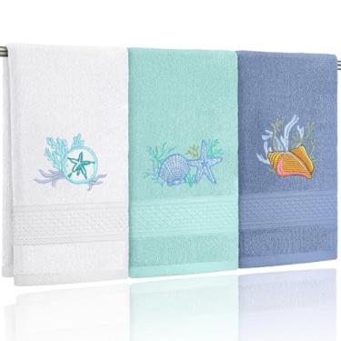 Imagem de Hahafelt Pacote com 3 toalhas de mão costeiras para banheiro 100% algodão bordadas toalhas de banho de praia 35 x 74 cm macias absorventes (branco verde azul, concha)