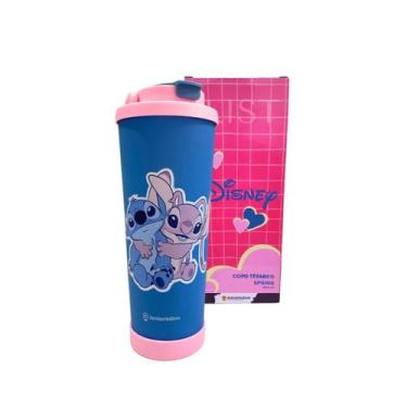 Imagem de Copo Térmico Stitch E Angel 850ml Tampa Antivazamento Canudo Inox E Al