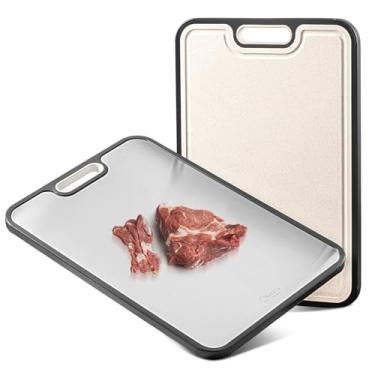 Imagem de Tábuas de corte de titânio para cozinha, tábua de corte dupla face de 45,7 cm, grau alimentício, titânio puro e palha de trigo, PP, para carne e vegetais, antiderrapante