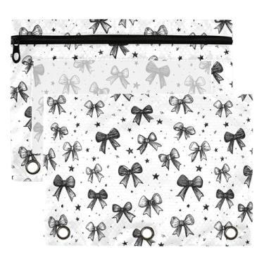 Imagem de Bolsa de fichário com laço branco, preto, 3 anéis para meninos, meninas, escola, escritório, faculdade, gravata borboleta, estrelas, fita, estojo, estojo com janela transparente e zíper, pacote com 2
