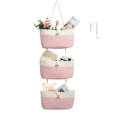 Imagem de TeoKJ Cestas de pendurar sobre a porta com alça de botão, bolsa organizadora de armazenamento de algodão trançado de 3 camadas, montada na parede com gancho, cestas decorativas para berçário - rosa +