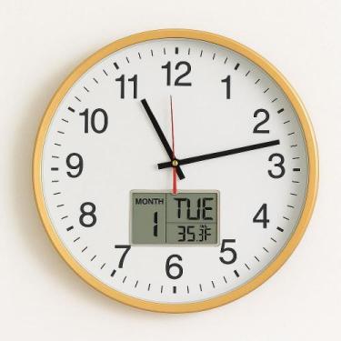 Imagem de Relogio Dourado Analogico De Parede Calendario Termometro Digital Desp