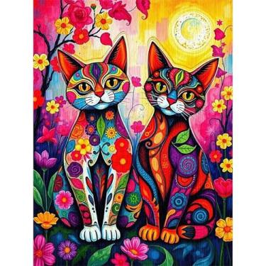 Imagem de 1tonine Kits de pintura de arte de diamante de gato colorido para adultos - Kit de pintura de diamante redondo 5D para artes e artesanato em mosaico - Arte com pedras preciosas de pontos de diamante