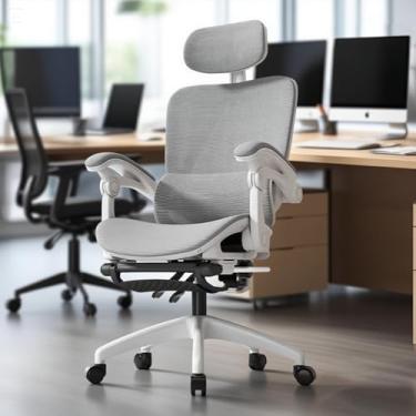 Imagem de Cadeira de escritório ergonômica reclinável até 145° com apoio para os pés, almofada de ar, cabide e apoio de cabeça ajustável – Gamer e home office (Branco)