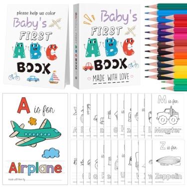 Imagem de Sinload Baby's First ABC Book Baby Shower Keepsake Game Activity, Livro de visitas para colorir do alfabeto, cartões de colorir do alfabeto A a Z com 24 lápis de cor, lembrança interativa para