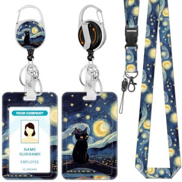 Imagem de Hancynir Cordões de gato preto para crachás de identificação, suporte de crachá de noite estrelada com clipe retrátil, etiquetas de nome de trabalho, chaveiro com suporte de identidade, protetor de