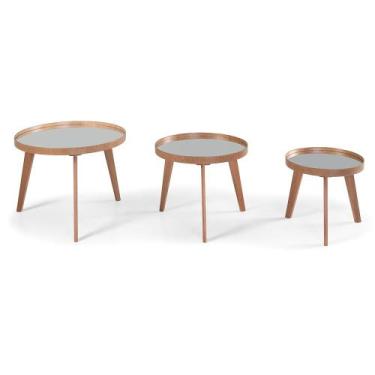 Imagem de Conjunto de Mesa de Centro Cosmos Redonda de Madeira com Tampo Espelha