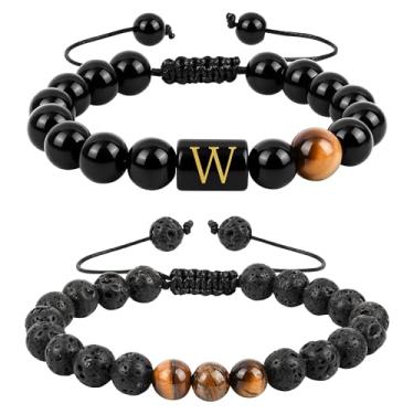 Imagem de Aospkle Pulseira masculina com inicial de 2 peças, pedra olho de tigre ônix preto natural, pedra vulcânica, letra, letra, contas, conjunto de joias com cartão de mensagem de presente de 8 mm, 5