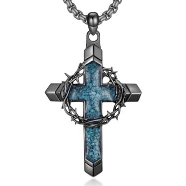 Imagem de Colar com cruz de prata esterlina 925 turquesa banhado a preto coroa de espinhos pingente de cruz joia cristã para homens, com corrente de aço inoxidável 55 cm + 5 cm