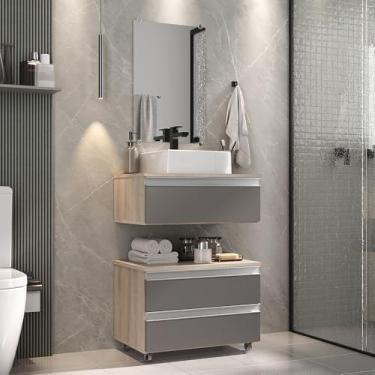 Imagem de Gabinete Banheiro Creta 60cm (02 armários + cuba + espelho) (Madeirado/Cinza)