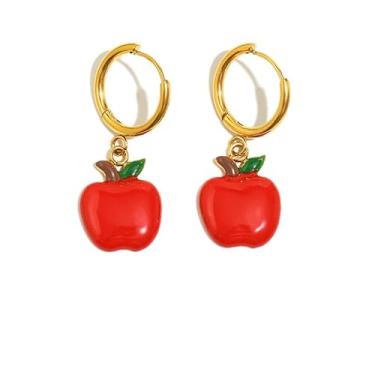 Imagem de Brincos de argola pequenos de maçã vermelha pendurados em aço inoxidável esmaltado, fruta fofa, folha verde, pingente, banhado a ouro 18 K, brincos redondos e infinitos, joias delicadas para mulheres