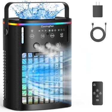 Imagem de Ar Condicionado Portátil, Mini Ar Condicionado Portátil com Controle Remoto, 3 Velocidades e 3 Névoas, Temporizador 2-8H e Refrigerador de Ar Evaporativo de 7 Luzes, Ventilador de Ar