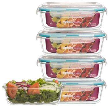 Imagem de KIT 4 Potes de Vidro Retangular com Tampa Hermética 640ml (Azul)