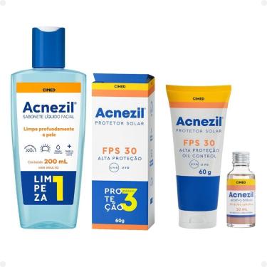 Imagem de Kit Cimed Acnezil: Sabonete Líquido, Protetor Solar FPS 30 e Secatico Bifásico