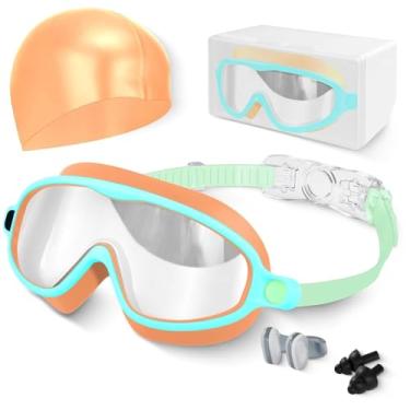 Imagem de Hurdilen Óculos de natação para crianças, antiembaciamento, proteção UV e visão ampla com touca de natação para crianças de 3 a 15 anos, meninos e meninas (amarelo e verde)