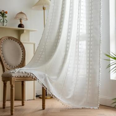 Imagem de Cortinas brancas Boho de 213 cm de comprimento, 2 painéis para sala de estar, quarto, berçário, vintage, bordado, de linho, transparente, quinta, filtro de luz, cortinas de privacidade, boêmia, neutro