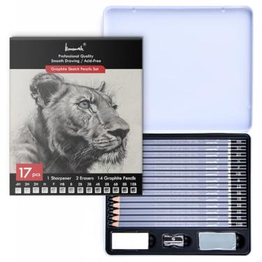 Imagem de Brusarth Lápis de esboço profissional para conjunto de desenho - lápis de grafite (4H-10B), bastões de grafite, borrachas e apontadores, lápis de arte para esboçar - Ideal para artistas e iniciantes