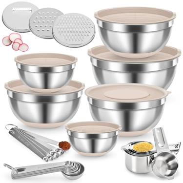 Imagem de Conjunto de 30 tigelas de mistura com tampas, tigelas de aço inoxidável com raladores, fundo de silicone antiderrapante, tigelas cáqui grandes de 7 a 1 litro e 21 copos medidores e colheres ótimas