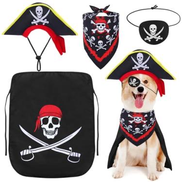 Imagem de Huhumy Conjunto de 4 peças de fantasia de pirata de cachorro chapéu de pirata de animal de estimação caveira triângulo bandana filhote de cachorro capa e máscara de olho para roupas de Halloween