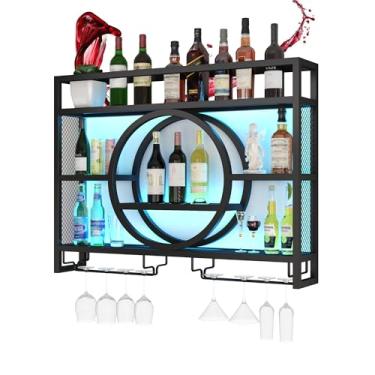 Imagem de Rack de vinho montado na parede com rack de copo de vinho prateleiras de bar flutuante para garrafas de bebidas com luz LED prateleira de exibição de garrafa de licor armário de bar de parede mini bar