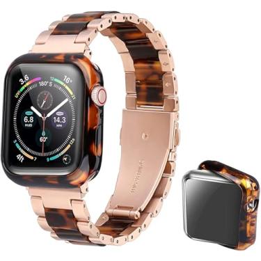 Imagem de Omter Pulseira com capa compatível com Apple Watch de 46 mm, feminino e masculino, pulseira de resina de aço inoxidável para iWatch série 10 (ouro rosa + tom de tartaruga, série 10, 46 mm)
