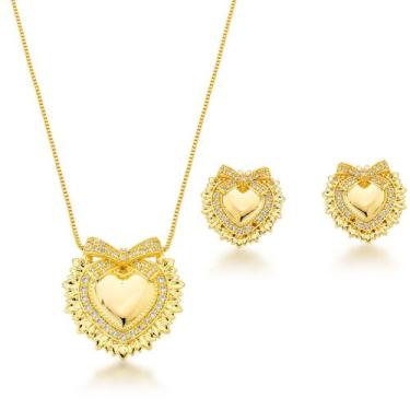 Imagem de Conjunto Colar e Brincos Coração com Laço Banhado a Ouro 18k - Atrakti