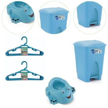 Imagem de Kit Bebê Troninho Lixeira Cesto 7,5L e 10 Cabides Cor Azul - injeplast