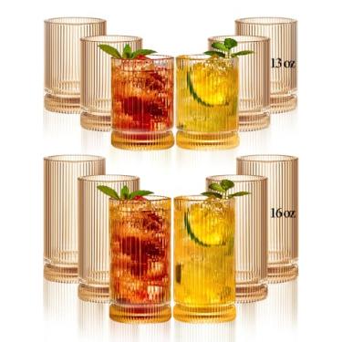 Imagem de megarte Copos de vidro vintage com nervuras âmbar - Conjunto de 12 copos de vidro de 350 ml, estilo origami, canelado, listras verticais, copos para suco, laváveis na lava-louças