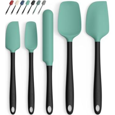 Imagem de Coukre Conjunto de 5 espátulas de silicone, resistente ao calor, silicone de grau alimentício, alça reforçada estendida, pode ser lavada na lava-louças, para assar, cozinhar (verde-água, preto, bloco