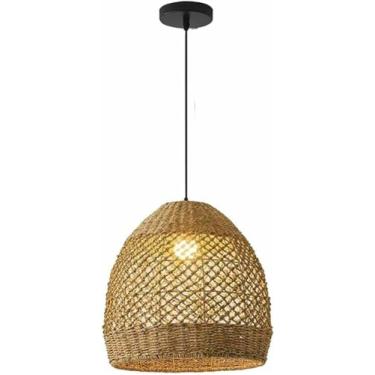 Imagem de WLHAZMWY Candeeiro pendente vintage rústico casa de fazenda luz boho tecido de vime pendurado cesta gaiola ajustável