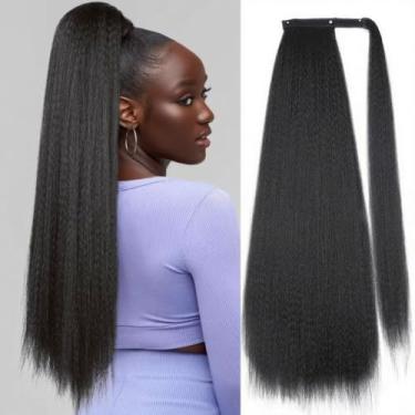 Imagem de Extensão de rabo de cavalo reto Yaki, extensão de rabo de cavalo para mulheres negras, extensão de cabelo humano Yaki, preto natural (rabo de cavalo com faixa de cabelo, 61 cm)