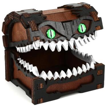 Imagem de JULEASEL Mimic Dice Box – Baú de tesouro de monstro de madeira com dentes e olhos verdes, decoração de mesa de Halloween, caixa assustadora, armazenamento de dados engraçado para RPG de mesa e jogos