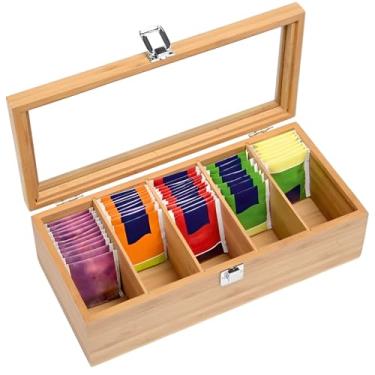 Imagem de Caixa organizadora de saquinhos de chá de bambu, 5 compartimentos, caixa de chá de bambu, organizador de saquinho de chá com tampa transparente, visor de estação de chá, suporte portátil para
