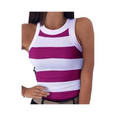 Imagem de Camiseta Regata Feminina Sem Mangas Com Estampa Listrada, Decote Redon