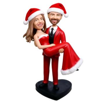 Imagem de Bobblehead de casal de Natal personalizado feito à mão - personalizado a partir da sua foto, estatueta festiva exclusiva para painel de carro/decoração de mesa, celebrações de Natal e aniversário